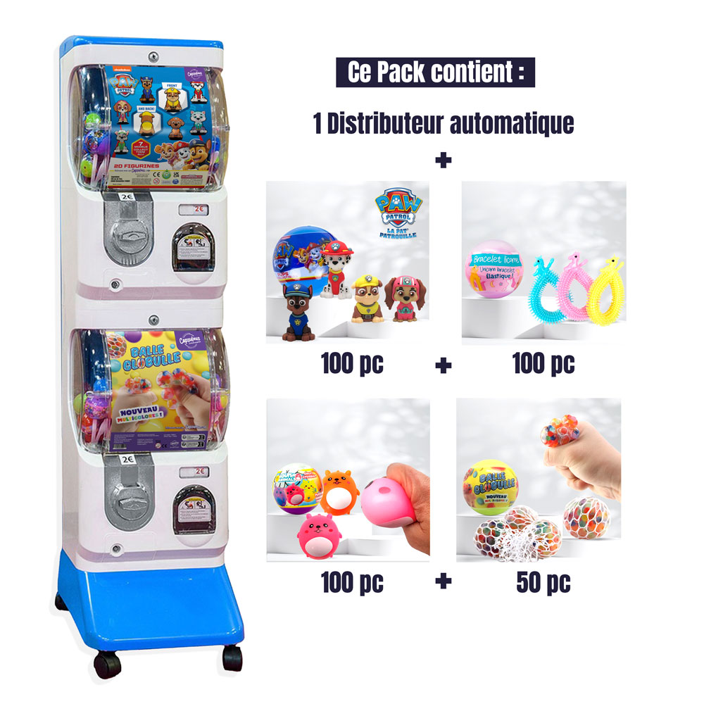 Pack Start & Cash (Bleu et Blanc) - Distributeur + 350 Jouets Capsules Clé en Main
